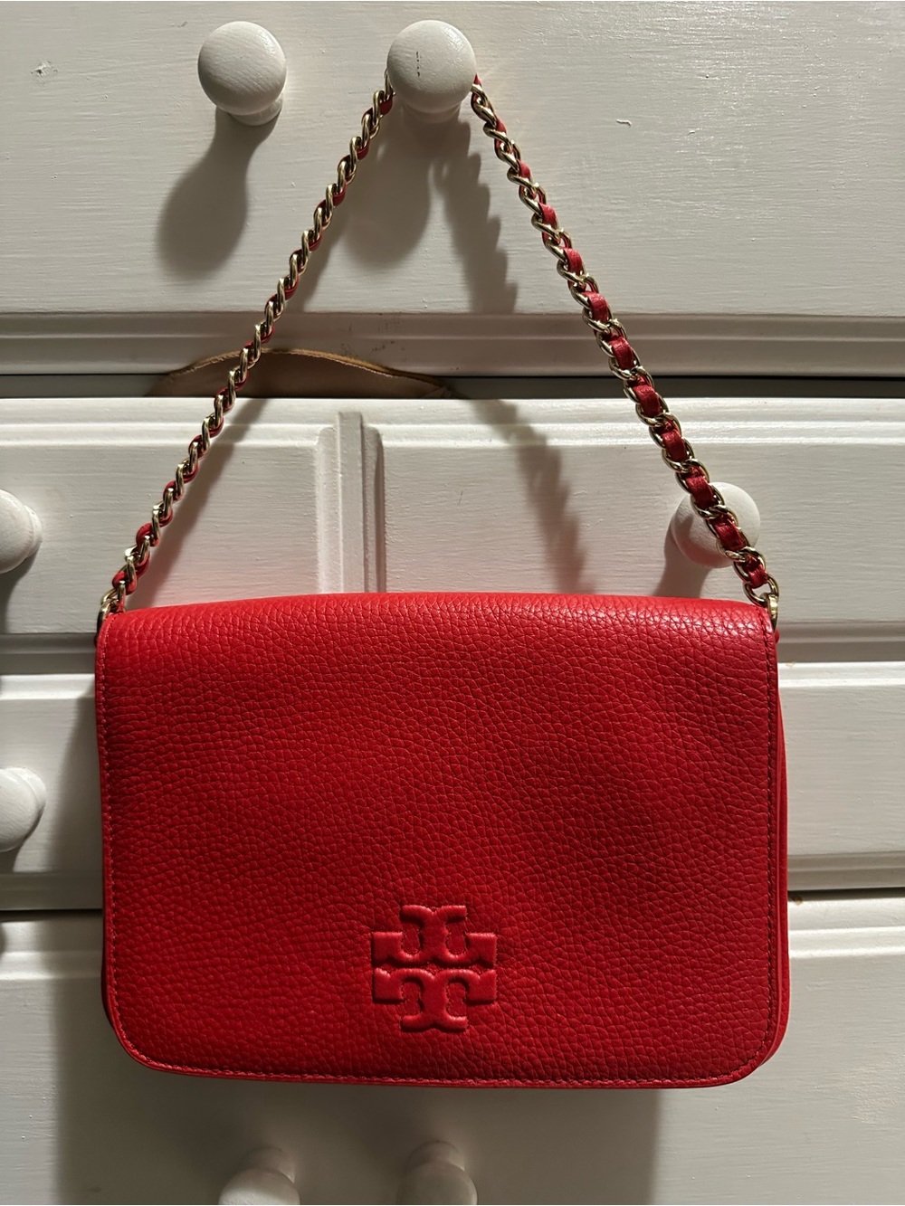 Tory Burch Red Pebbled Leather Chain-Strap Crossbody